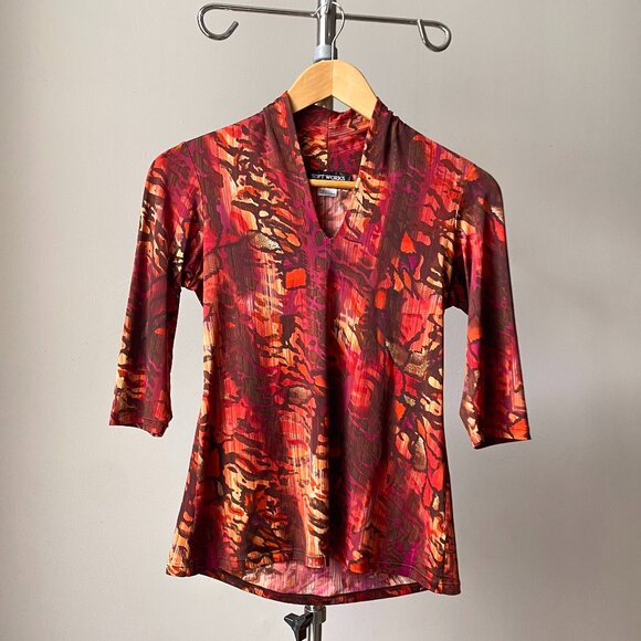 🍂 Y2K Vintage Orange Burgundy Second-Skin V-Neck Fitted Top Abstract Print - Picture 1 of 4